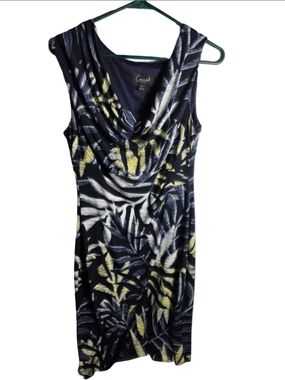 Women's Connected Apparel Midi Dress Size 10 navy Yellow Leaf Print tropical